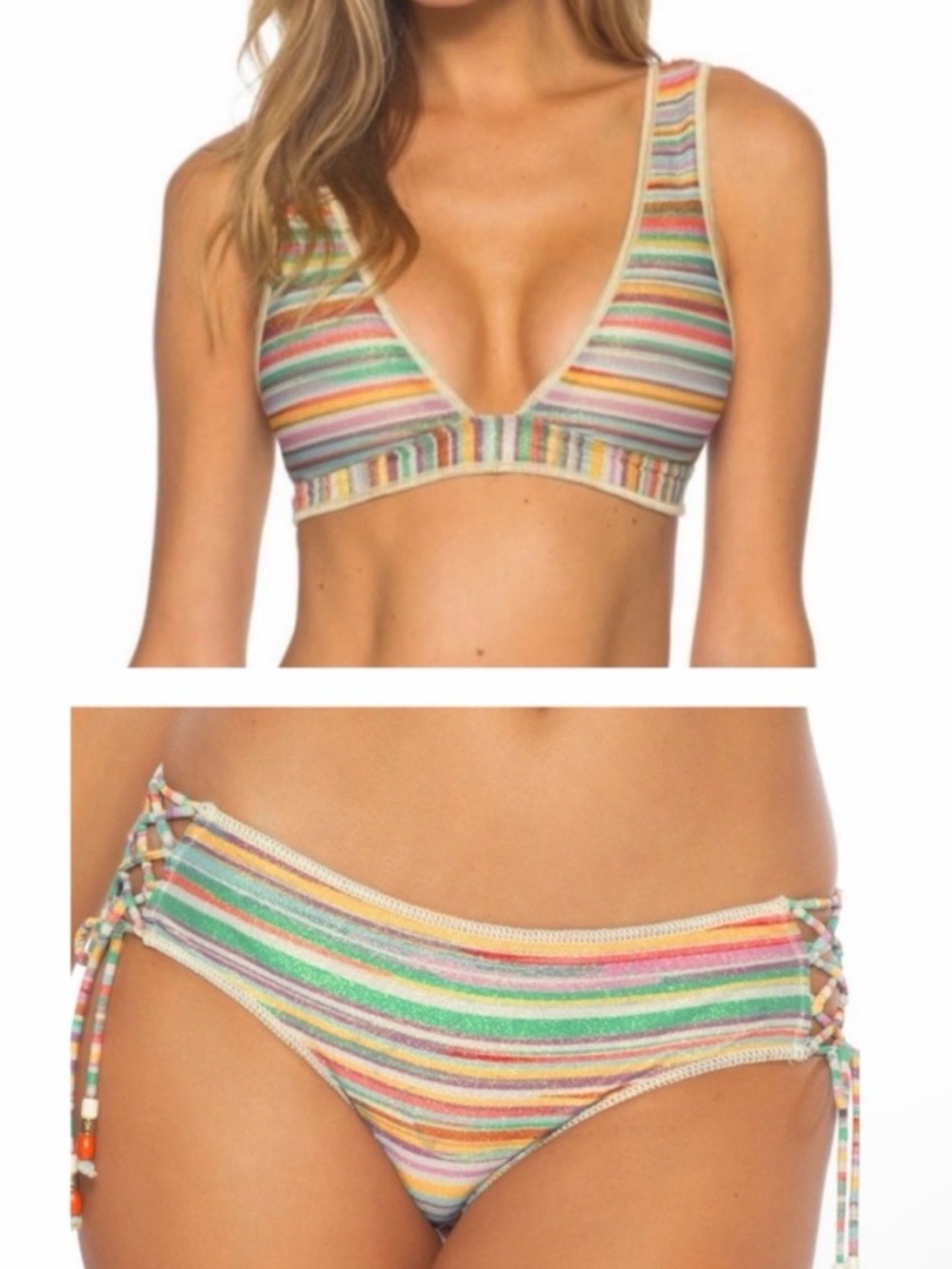 Becca Kasbah Metallic Striped Bikini Top and Hipster Bikini Bottoms Set Sz:M NEW